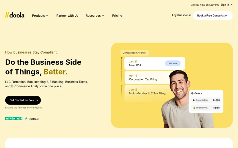 Screenshot of the doola homepage