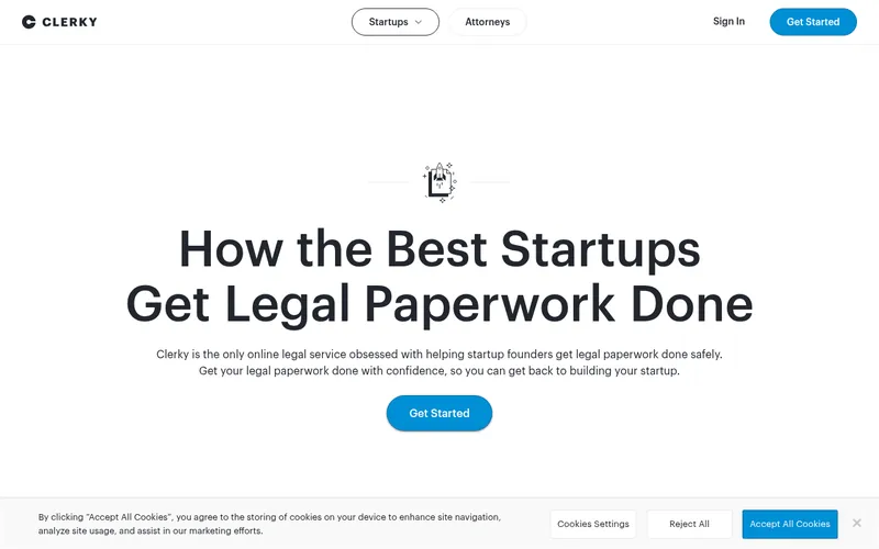 Screenshot of the Clerky homepage