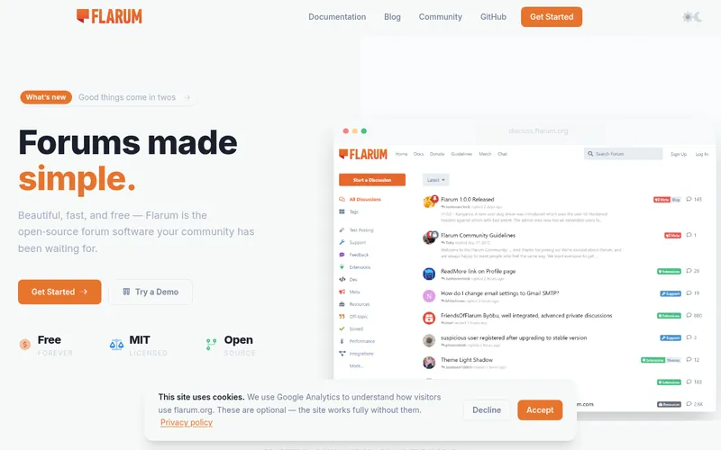 Screenshot of the Flarum homepage