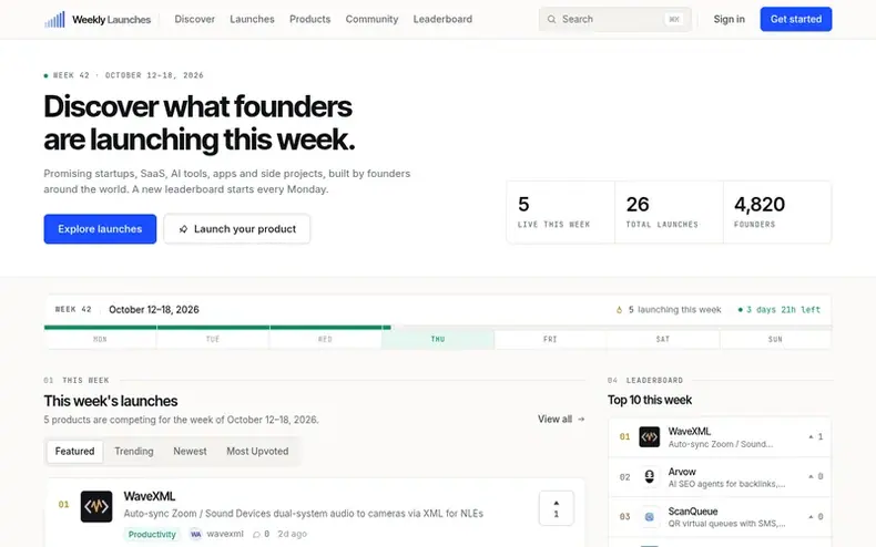Screenshot of the Weekly Launches homepage